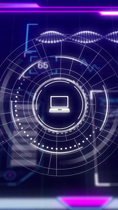 Displaying technology icons and data analytics, futuristic digital interface in Stock Footage 319416214