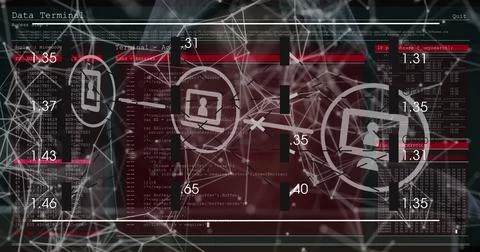 Displaying terminal interface featuring code on screen with network nodes, user 스톡 사진