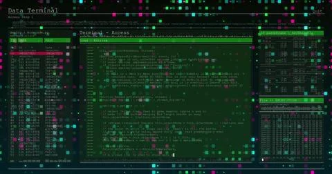Displaying terminal interface in green window, with code, pixels, side panels Stock Photos