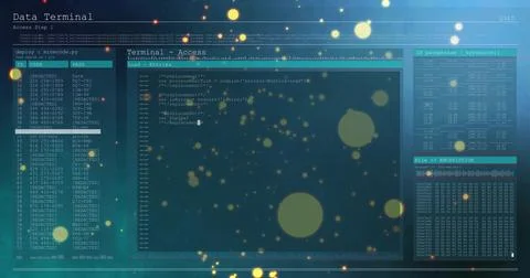Displaying terminal interface on screen, with code editor, credentials, Stock Photos