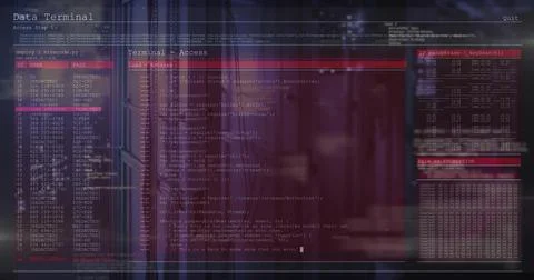 Displaying terminal interface showing central code editor pane in dim server Stock Illustration