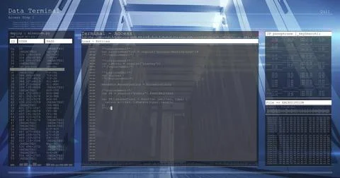Displaying terminal overlay showing code editor, USER PASS panel, IP table, hex 写真素材