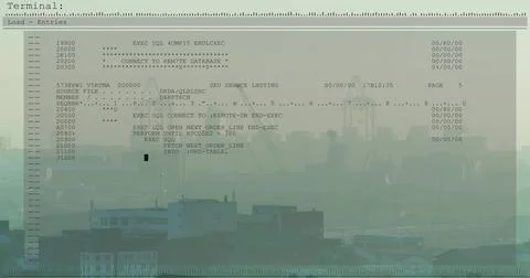 Displaying terminal showing code listing with column rulers, SQL and block Stock Photos