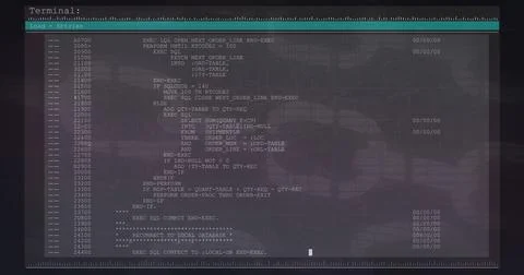 Displaying terminal showing monospaced code with numbered lines on screen, teal Stock-Fotos