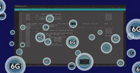 Displaying terminal showing monospaced text in UI mockup with teal title bar, Stock Illustration