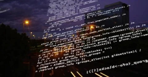 Displaying terminal text overlay floating over highway at night, blending with Stock Photos