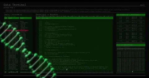 Displaying terminal three-pane console on dark workstation, showing green code Stock Illustration