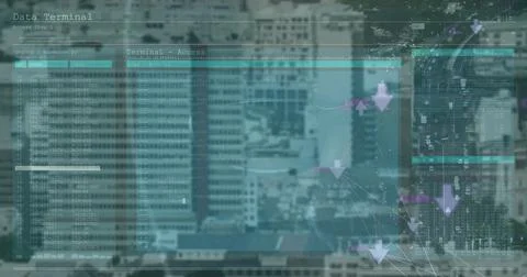 Displaying terminal UI showing access logs and network graph over aerial city Stock Illustration
