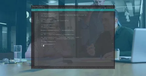 Displaying terminal window overlaying table in office, colleagues in blazers Stockfoto's