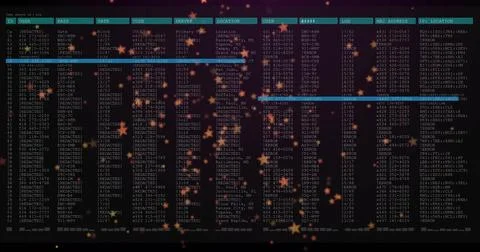 Displaying terminal window showing data table on monitor at dark desk, Stock Photos