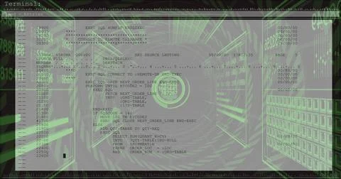 Displaying terminal window showing SQL code in green wireframe tunnel, with Stockillustratie
