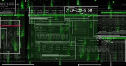 Displaying terminal windows and wireframe panels on dark dashboard, showing Illustrazione stock