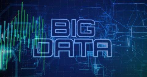 Displaying text BIG DATA floating over dashboard with green bar charts and Stockillustratie