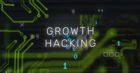 Displaying text GROWTH HACKING in digital interface, with green circuits and Stock Photos