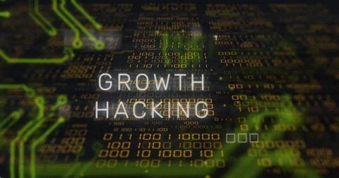 Displaying text reading GROWTH HACKING floating over digital circuit board, with Stock Illustration