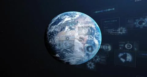 Displaying textured planet Earth floating in outer space, with holographic UI Illustrazione stock