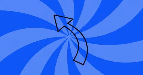 Displaying thick black curved arrow swirling over radial blue pattern in digital Ilustración de archivo