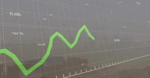 Displaying thick green 3D line graph rising and falling on trading screen grid, Stock Photos