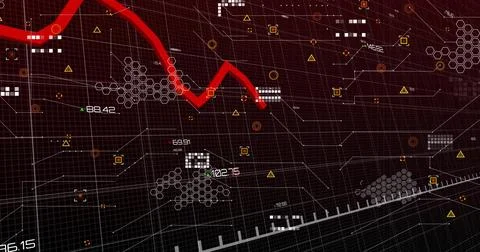 Displaying thick red trend line cutting across virtual dashboard, showing grid, Stock Illustration