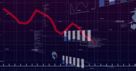 Displaying thick red trend line tracing jagged decline on purple dashboard, Stock Photos