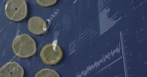 Displaying thin lemon slices lying flat on dark blue tabletop, with overlaid Stock Photos