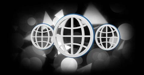 Displaying three 3D globe icons floating in digital backdrop, with white grid Stock Illustration