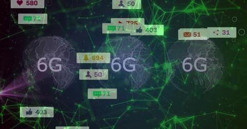 Displaying three 6G globe wireframes pulsing in dark cyberspace with UI counters Stock Illustration