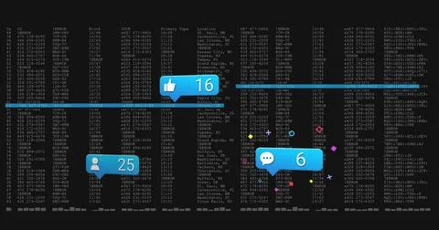 Displaying three blue callouts hovering over dark data dashboard, thumbs-up 16 Stock Illustration