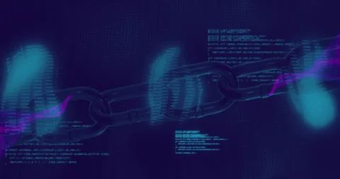 Displaying three central interlocked metallic links across navy purple field, Stock Photos