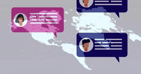 Displaying three chat bubbles with avatars, text lines over grid world map Stock Photos