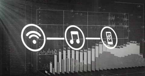 Displaying three connected icons in dashboard, showing Wi-Fi, music note, Stock Photos