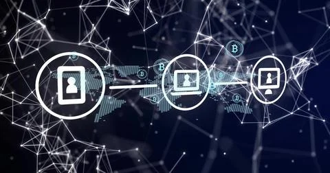 Displaying three device icons linking user profiles on blue world map mesh, Illustrazione stock