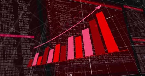 Displaying three-dimensional red and pink bars rising on wireframe grid in data Stockillustratie