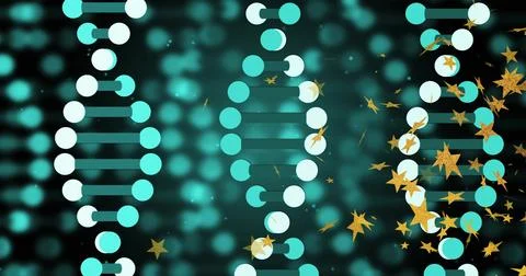 Displaying three DNA strands rotating on deep teal gradient, with gold star Stock Photos