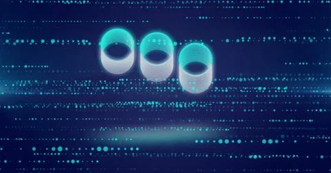 Displaying three glowing cyan concentric rings floating in hologram interface, Illustrazione stock