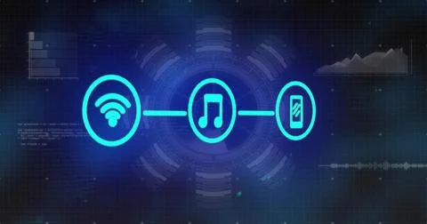 Displaying three linked icons Wi-Fi, music-note, phone hovering on HUD rings, Stock Illustration