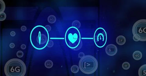Displaying three linked neon icons glowing on dark blue network interface, with 스톡 일러스트