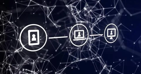 Displaying three linked user-device icons across dark blue digital network, with Stock Illustration