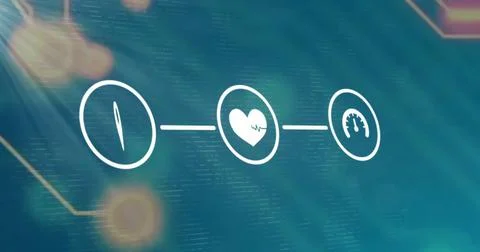 Displaying three linked white circular icons glowing on teal dashboard, showing Stock Photos