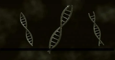 Displaying three metallic DNA helices floating in smoky void, with black bar and Illustrazione stock
