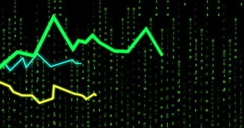 Displaying three neon line graphs pulsating across virtual dashboard, with 스톡 사진