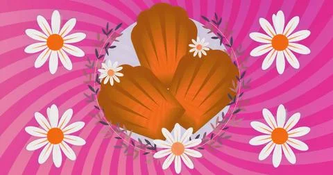 Displaying three shell pastries on gray plate, with floral motifs over pink Illustrazione stock
