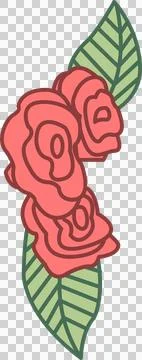 Displaying three stylized flat coral-red rose blooms with veined leaves on Stockillustratie