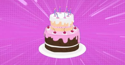 Displaying three-tier cake on plate against pink backdrop with cherries, lit Stock Illustration