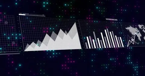 Displaying three tilted data panels floating in dark virtual space, showing 스톡 일러스트