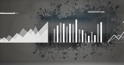 Displaying three translucent chart panels showing data on concrete wall, with Stock Photos