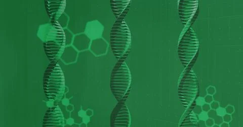 Displaying three vertical DNA helices floating in abstract lab illustration w Stock Illustration