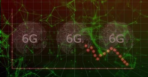 Displaying three wireframe globes labeled 6G on dark grid plane, showing neon Stock Illustration