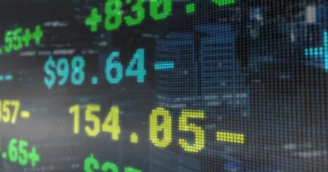 Displaying ticker board showing pixel data on grid screen in news studio, with Stock Illustration