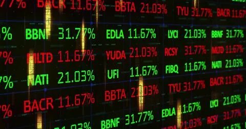 Displaying ticker on trading screen showing alphanumeric-tickers, % grid-blue Stock Illustration